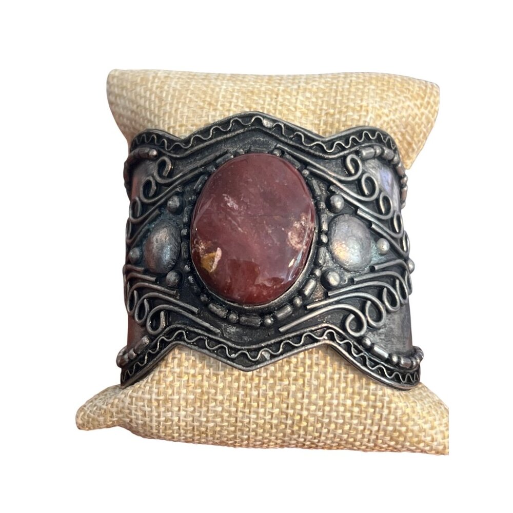 Vintage Silver Tone Red Jasper Cuff Bracelet Scrollwork Tribal Steampunk Estate